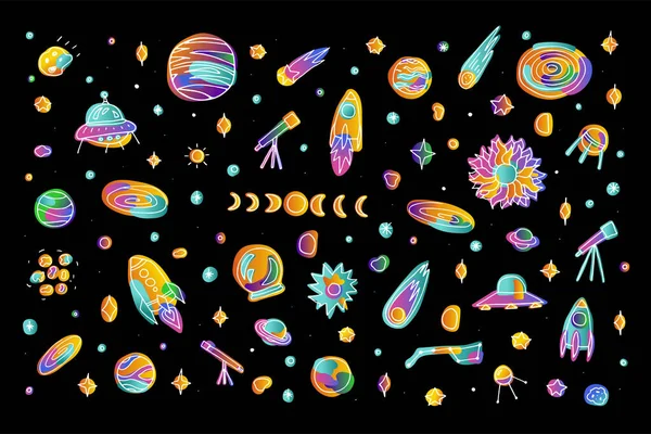 Helle Space Doodle Sticker Set Planeten Raketen Sterne Kometen Asteroiden lizenzfreie Stockvektoren