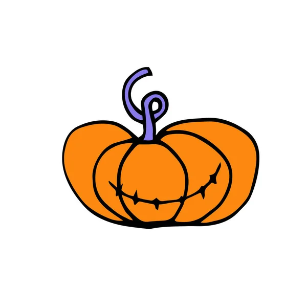 Doodle Halloween Strašidelná Oranžová Dýně Zábavná Strašidelná Smějící Tvář Tesáky — Stockový vektor