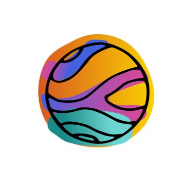 Parlak uzay karalama çıkartması. El çizimi Gezegen beyaz arka planda izole edilmiş. Gradyan pembe, mavi, turuncu neon rengi astronomik nesne. Astronomi, astroloji sembolü. Vektör bilimi şirin illüstrasyon