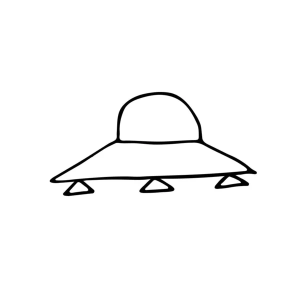 スペースステッカーを貼れ 白い背景に隔離されたかわいい空飛ぶ円盤 概要天体 Ufo 宇宙船の未来的なスケッチ記号 手書きのSci Fi画像 ベクトル科学かわいいイラスト — ストックベクタ