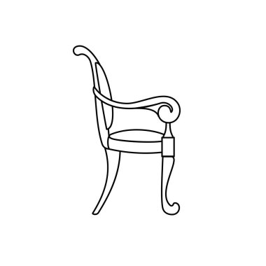 Saf ahşap klasik sandalye ikonu. Beyaz arka planda izole edilmiş retro Armchair taslağı. Çizgi tabelası, evde çalışma, rahatlık, iç mekan. Sevimli antika bir mobilya parçası. Vektör illüstrasyonu