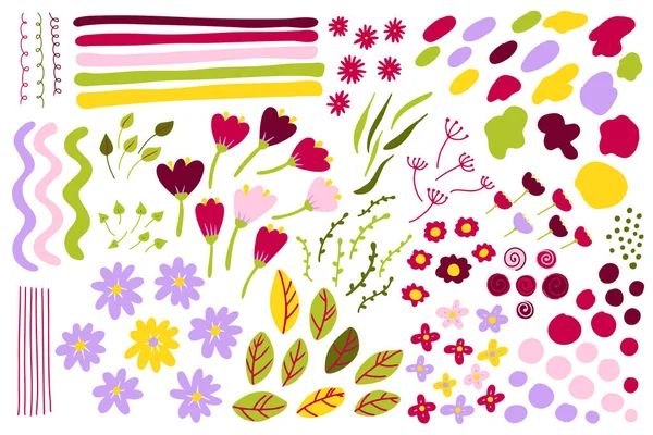 手描きの春色の花をセット ストリップ ライン 小枝要素 バドドットスタンプ 様式化された牡丹 デイジー チューリップ 夏の抽象植物コレクション ベクトルフラワーイラスト — ストックベクタ