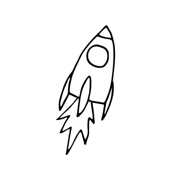 Line Space Doodle Sticker Flying Rocket Isolated White Background Outline — Stock Vector