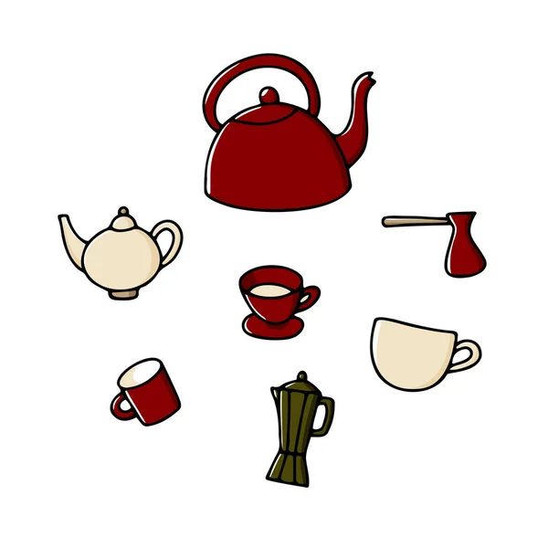 Doodle Teekannen Set Vorhanden Handgezeichnete Farbe Wasserkocher Tasse Mokka Turka — Stockvektor