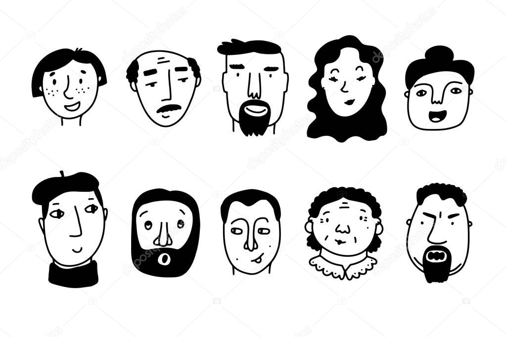 Doodle cute faces set. Hand-drawn outline people isolated on white background. Human Avatar Collection. Cartoon young, old different nationalities women, men. Childrens portrait. Vector illustration