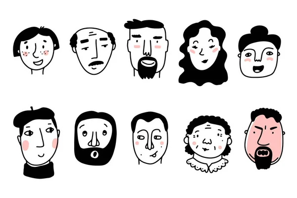 Doodle Niedliche Gesichter Gesetzt Handgezeichnete Zeilenmenschen Mit Rosa Wangen Isoliert Stockvektor