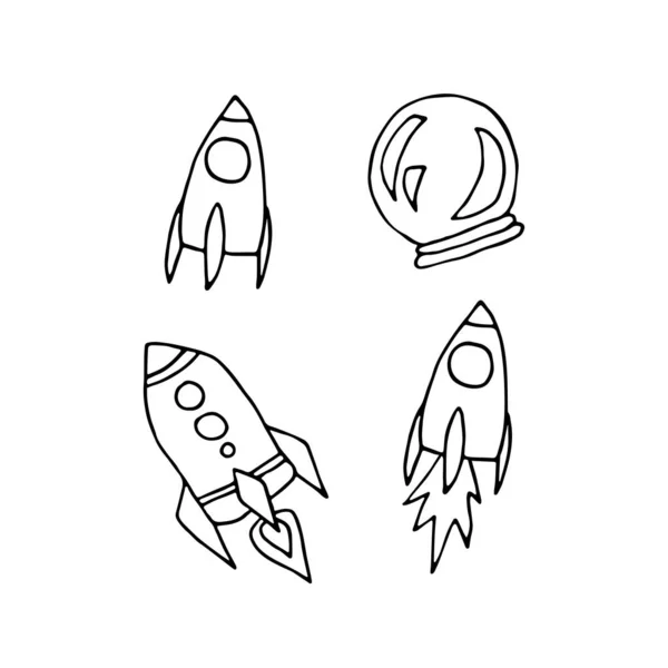 Outline Space Doodle Sticker Set Rocket Space Suit Isolated White — Stock Vector