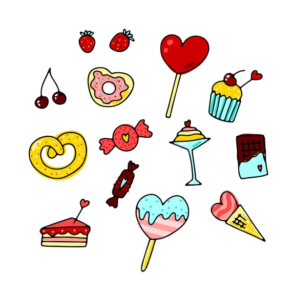 Doodle Día San Valentín Dulces Conjunto Postres Dibujados Mano Con — Archivo Imágenes Vectoriales