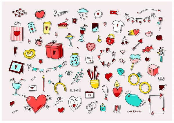 Doodle Sevgililer Günü çıkartmaları. Beyaz arka planda el çizimi aşk sembolleri. Hoş bir tebrik kartı, zarf, hediye, kalbi olan aksesuarlar. Kahve, mesaj, çiçek işareti. Vektör illüstrasyonu