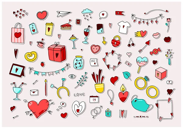 Doodle Día San Valentín Pegatinas Conjunto Símbolos Amor Dibujados Mano Ilustración de stock