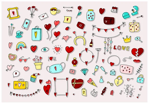 Big Doodle Valentinstag Eingestellt Handgezeichnetes Liebessymbol Isoliert Auf Weißem Hintergrund — Stockvektor