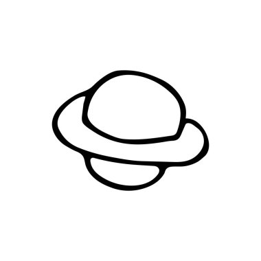 Karalama çıkartması. Elle çizilmiş Satürn gezegeni beyaz arka planda izole edilmiş. Ana hatlarıyla astronomik nesne. Basit kozmik vücut görüntüsü. Astronomi, astroloji, gizemli sembol. Vektör bilim çizgisi çizimi