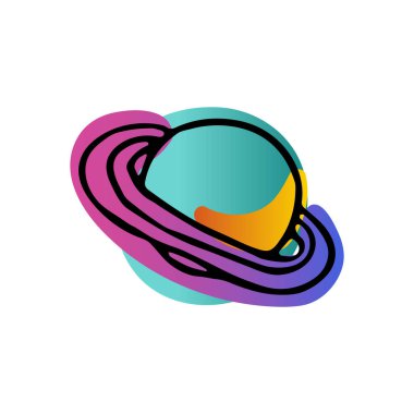 Parlak uzay karalama çıkartması. Elle çizilmiş Satürn gezegeni beyaz arka planda izole edilmiş. Gradyan pembe, mavi, yeşil neon rengi astronomik nesne. Astronomi, astroloji sembolü. Vektör bilimi illüstrasyonu