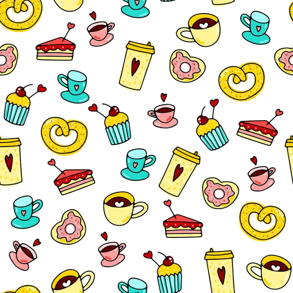 Doodle Valentinstag Süßigkeiten Nahtlose Muster Handgezeichnete Desserts Kaffeetassen Mit Niedlichen — Stockvektor