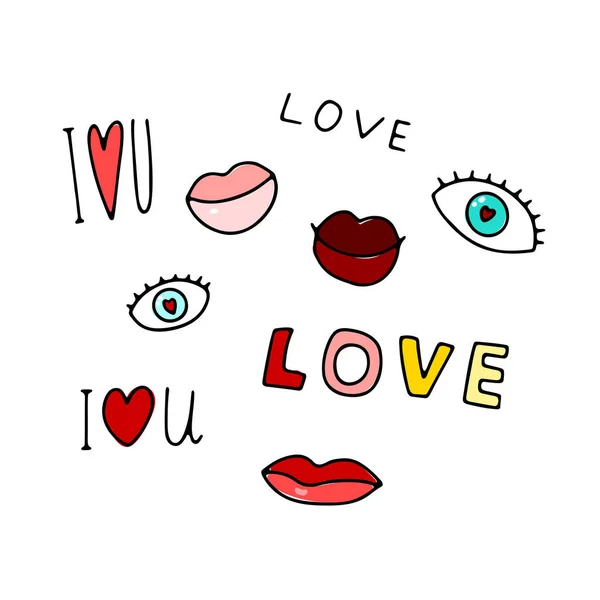 Doodle Lettering Love You Ojos Labios Con Corazones Rojos Establecidos — Vector de stock