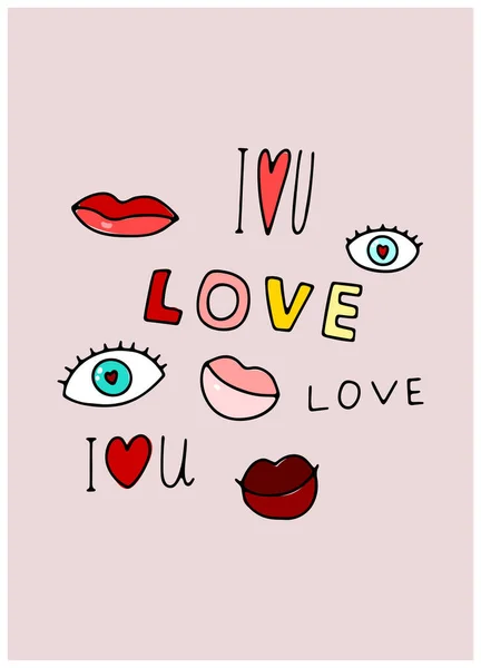 Doodle Lettering Love You Ojos Labios Con Tarjeta Corazones Rojos — Vector de stock