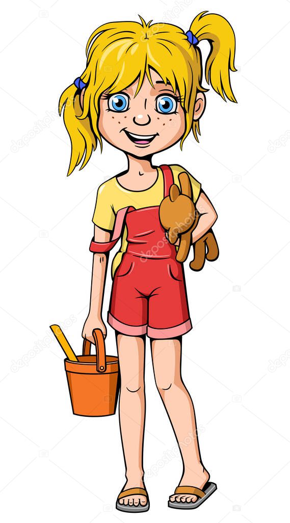 Little Girl with Toys After Playground. Cartoon Character isolited on white. Vector drawing.