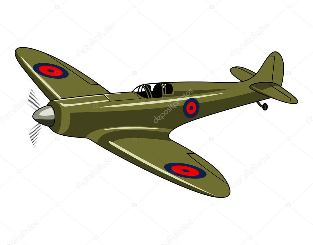 Supermarine Spitfire 1936. WW II aircraft. Vintage airplane. Vector clipart isolated on white.