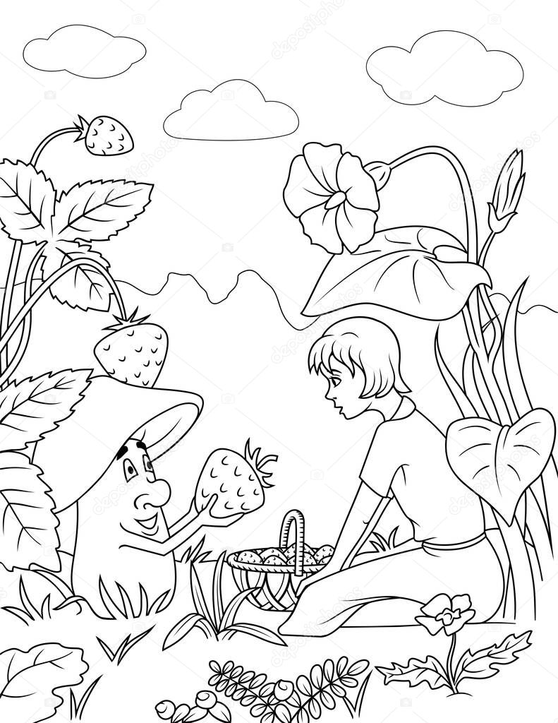 Mushroom presenting a big strawberry to girl. Coloring page for kids. Outline vector drawing.