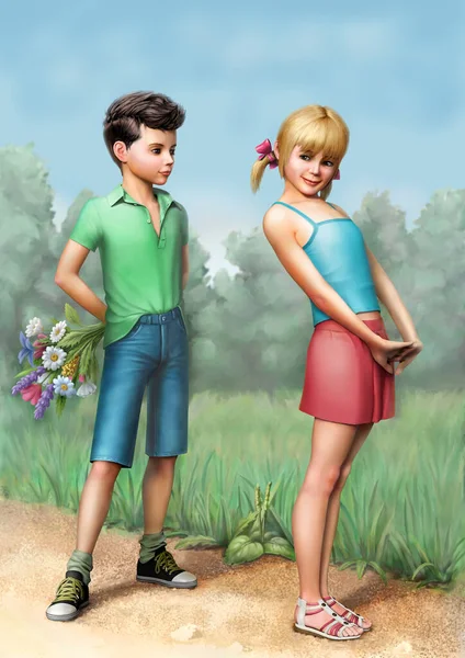 Young Boy Girl First Love First Dating Realistic Digital Illustration — Stockfoto