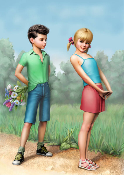 Young Boy and Girl. First Love, First Dating. Realistic digital illustration.