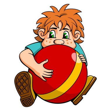 Kırmızı Topla Oturan Küçük Çocuk. Çizgi film karakteri beyaza izole edildi. Vektör çizimi.