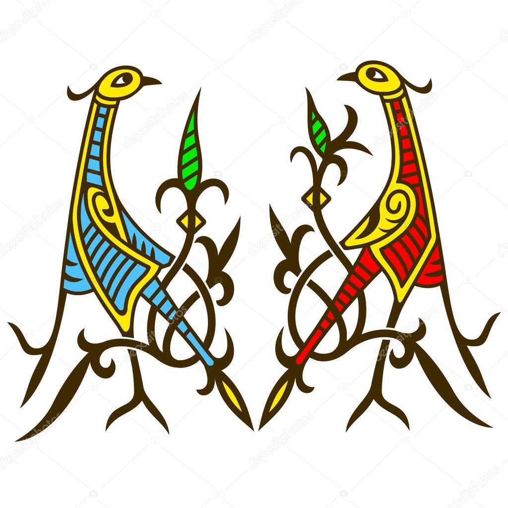 Dancing Storks. Traditional Slavic ornament element, symbol. Vector clipart.