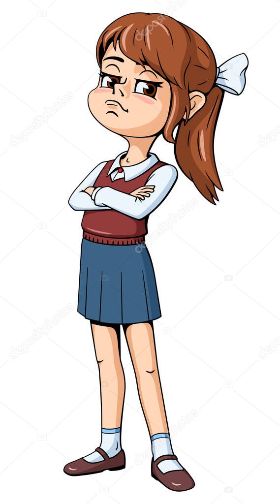 Little Proud Schoolgirl. Cartoon Character isolated on white. Vector drawing.