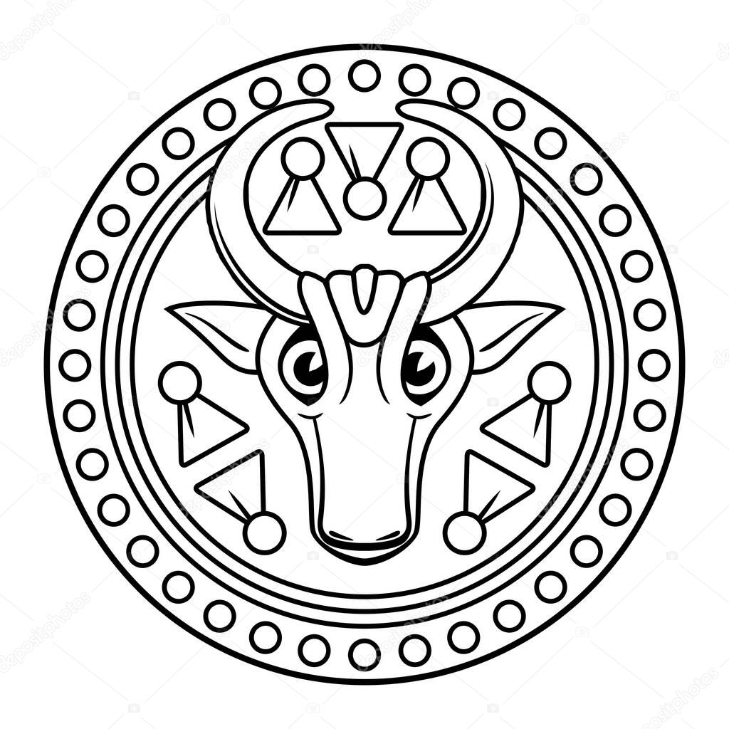 Bull, Ox, Ancient Slavic Symbol. Vector Clipart. Coloring page.