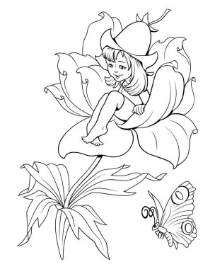Thumbelina, Little Fairy sitting on a flower. Coloring page for kids.