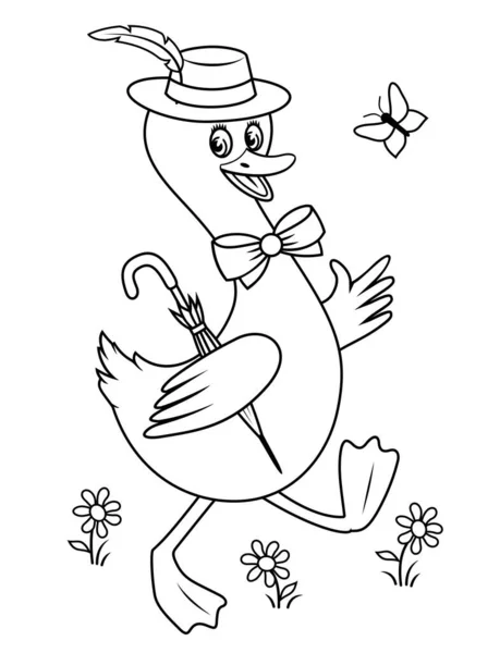 Cartoon Duck Goose Hat Umbrella Coloring Page Kids — стоковый вектор