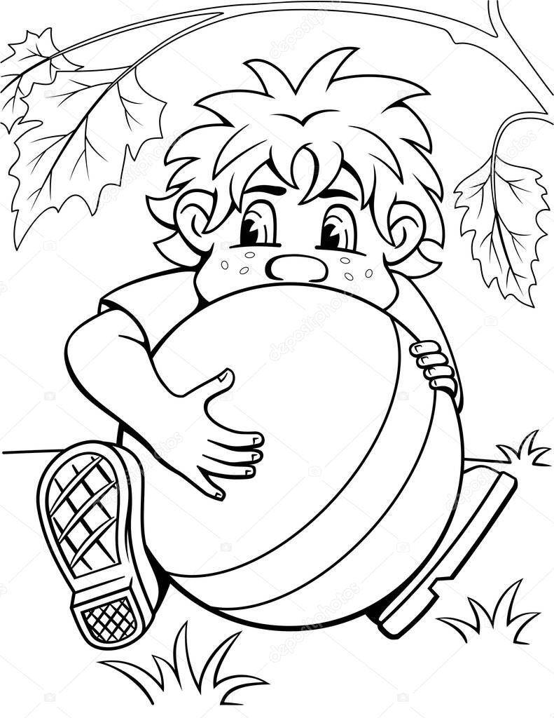 Little Boy Sitting with Ball under a tree. Coloring Page for Kids.
