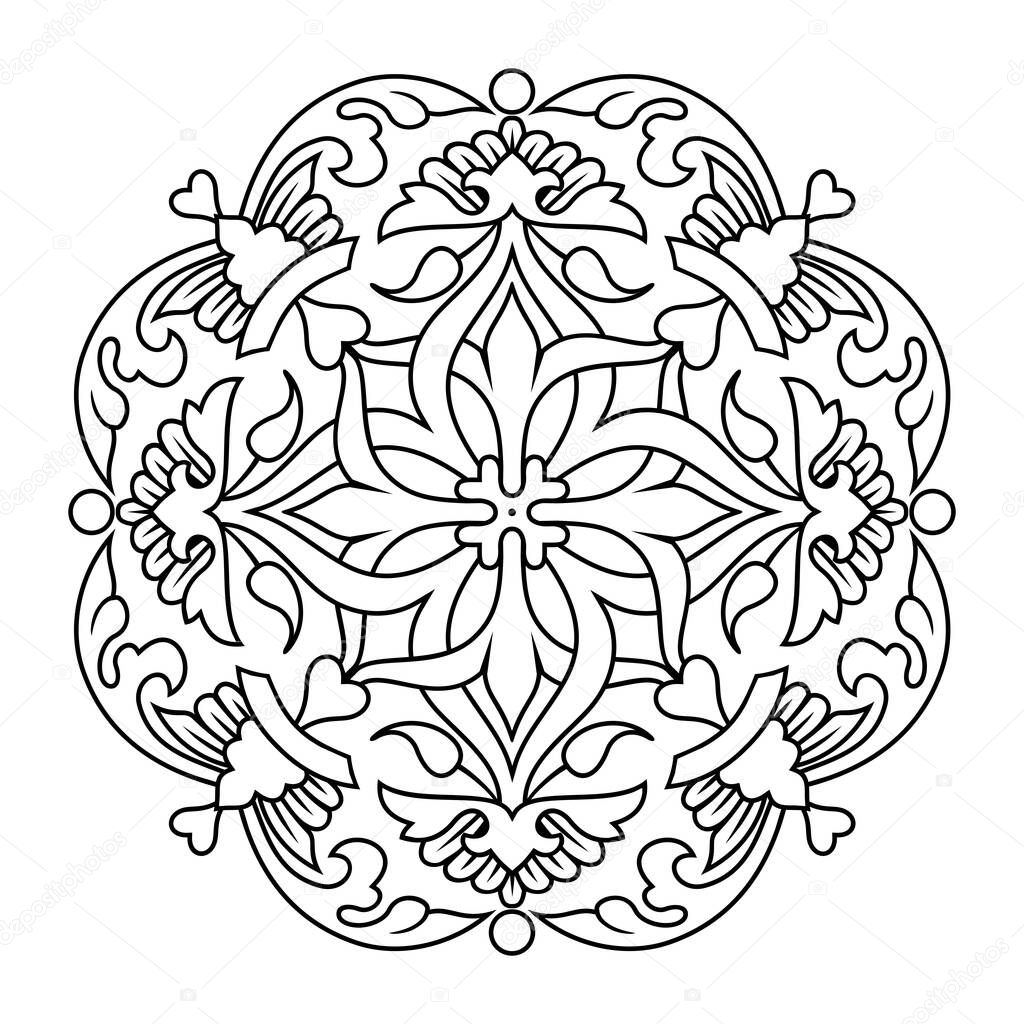 Circular floral ornament. Mandala. Vector clipart. Coloring page.
