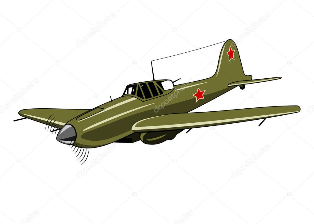 IL 2 fighter plane 1943. WW II aircraft. Vintage airplane. Vector clipart isolated on white.