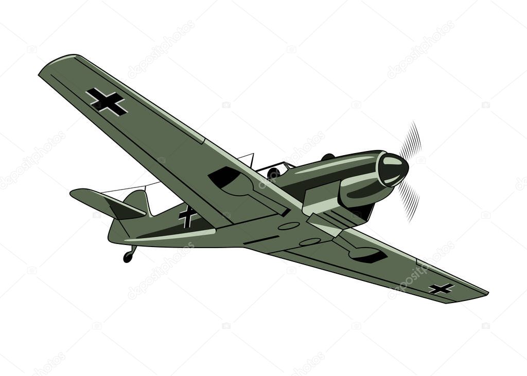 Me 109 fighter plane 1937. WW II aircraft. Vintage airplane. Vector clipart isolated on white.