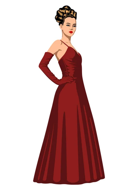 Mujer Con Vestido Largo Baile Rojo Clipart Vectorial Aislado Blanco — Vector de stock