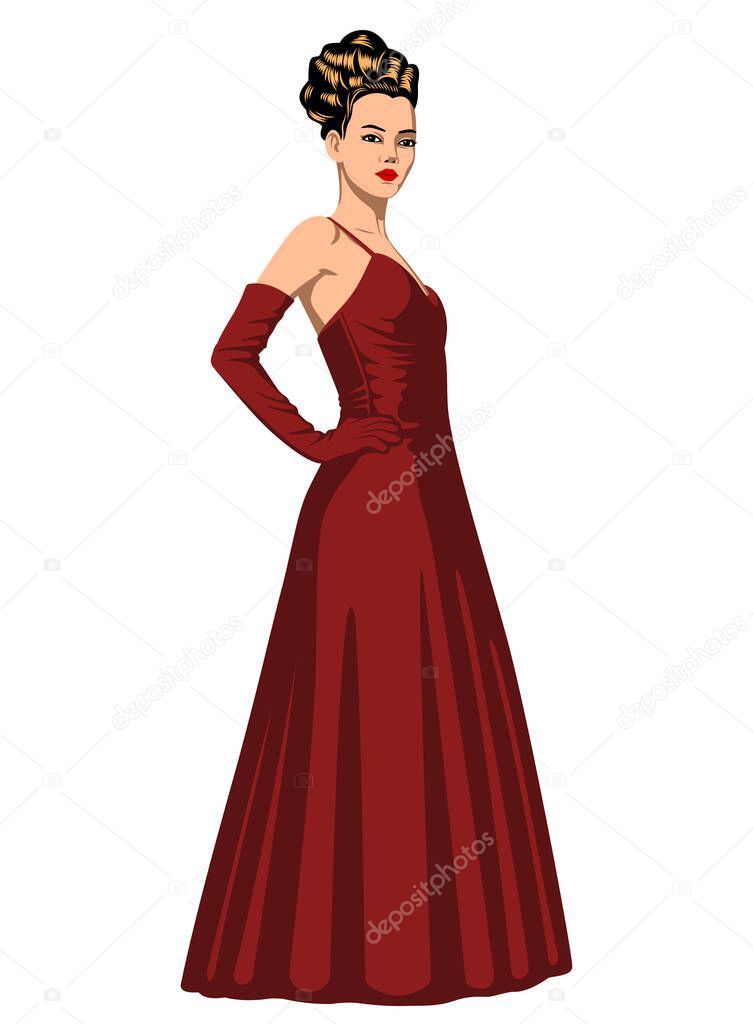 Woman in the Long Red Dance Dress. Vector clipart isolited on white.