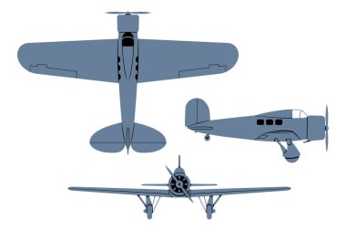 Orion L-9 uçağı 1931. Top, Side, Front View. Antika uçak. Vektör ortamı beyaza izole edildi.