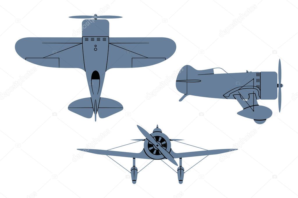 Gee Bee Super Sportster (Flying Barrel) 1932. Top, Side, Front View. Vintage airplane. Vector clipart isolited on white.