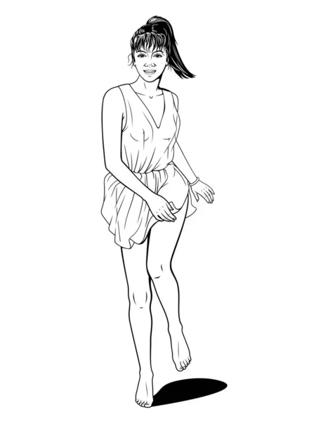Girl Tunic Running Vector Ink Style Outline Drawing Coloring Page — Stockvektor