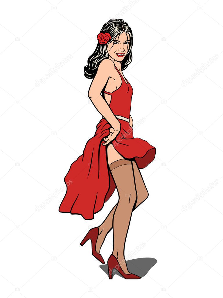 Spanish Dancer. Sexy Girl Dancing. Pin Up, Pop Art style. Vector drawing.