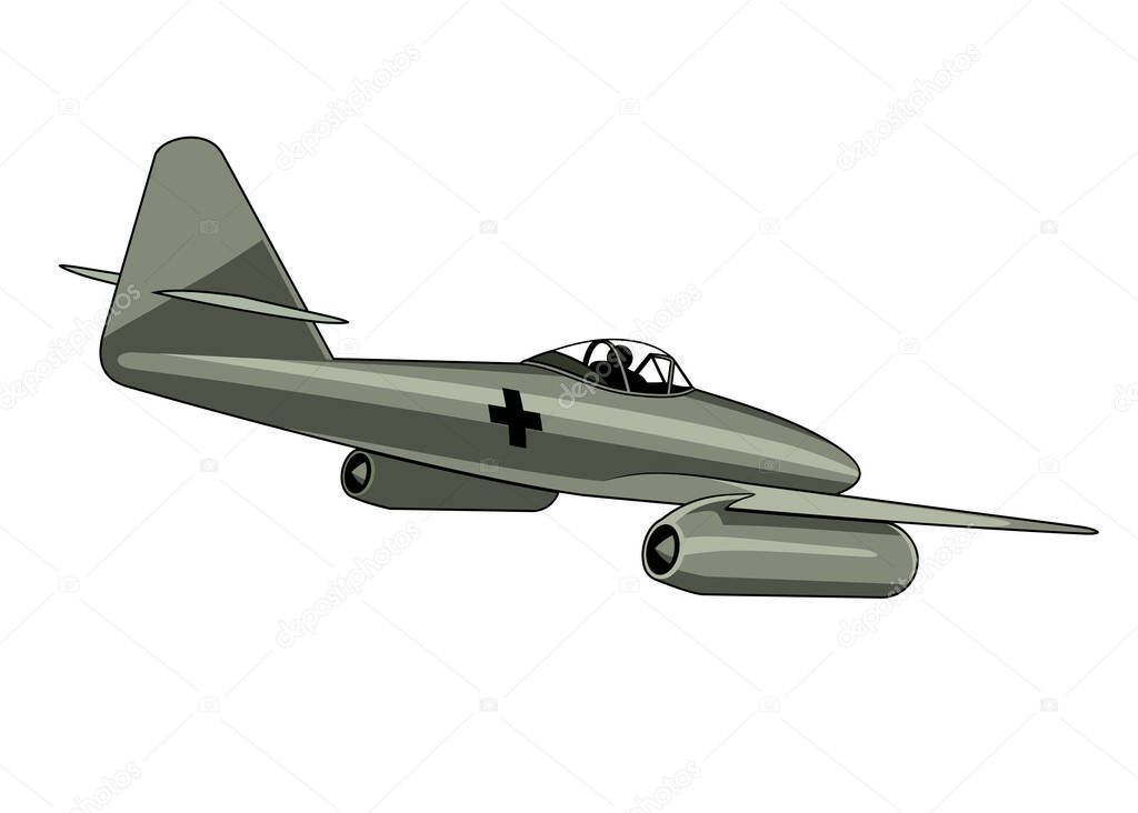 Me-262 fighter jet plane 1944. WW II aircraft. Vintage airplane. Vector clipart isolited on white.