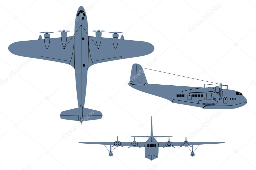 Short Empire Flying Boat Aircraft 1936. Top, Side, Front View. Vintage airplane. Vector clipart isolated on white.