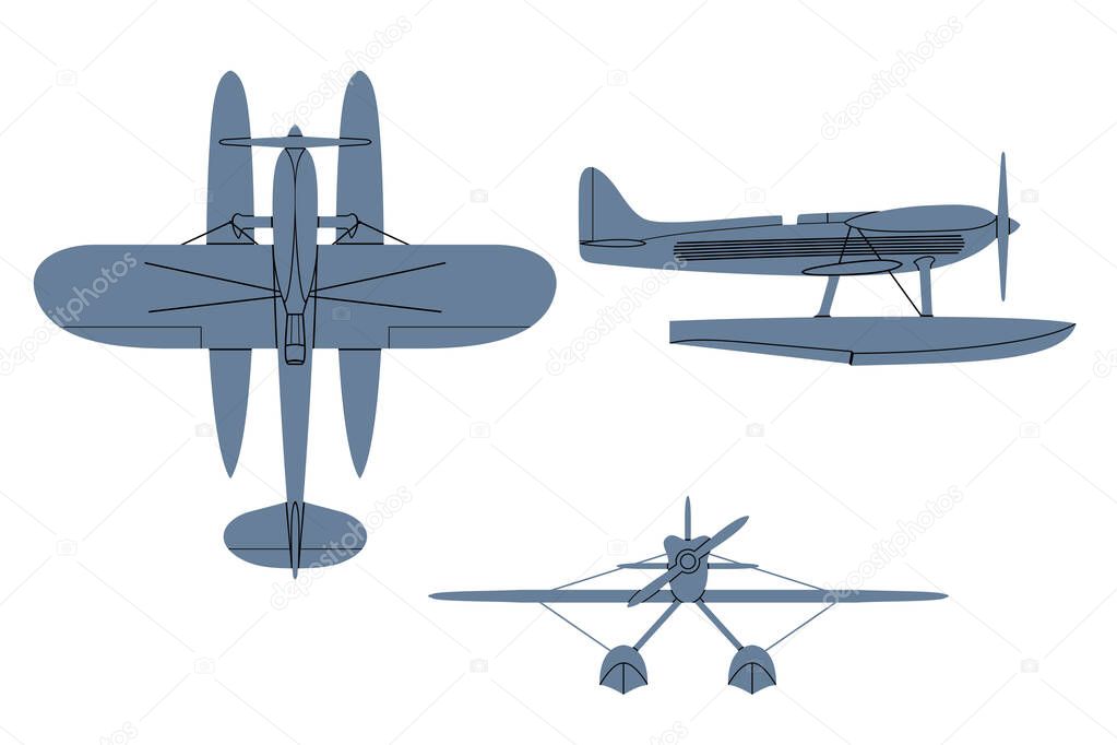 Supermarine S-6 B Racing Seaplane 1931. Top, Side, Front View. Vintage airplane. Vector clipart isolated on white.