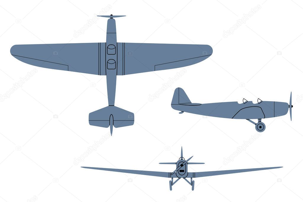 Klemm KL-25 Training Plane 1929. Top, Side, Front View. Vintage airplane. Vector clipart isolated on white.