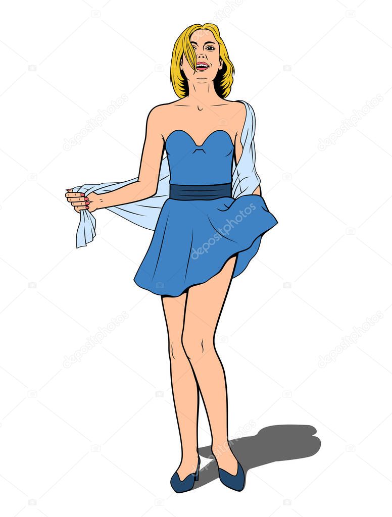 Beautiful young woman in blue dress. Stylish girl with shawl. Pin Up, Pop Art style. Vector drawing.
