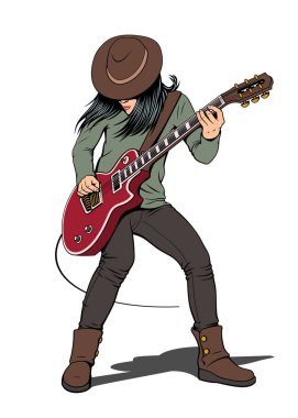 Rock gitaristi. Elektro gitar çalan şapkalı bir kız. Pin Up, Pop Art tarzı. Vektör çizimi.