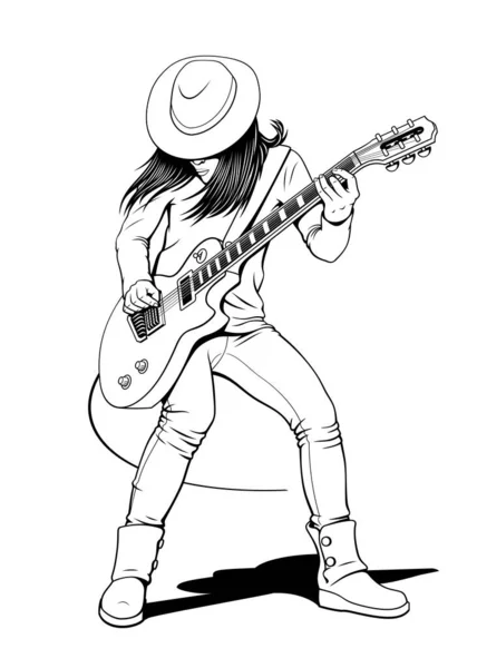 Rock Guitar Player Girl Playing Electric Guitar Vector Ink Style — Stock Vector