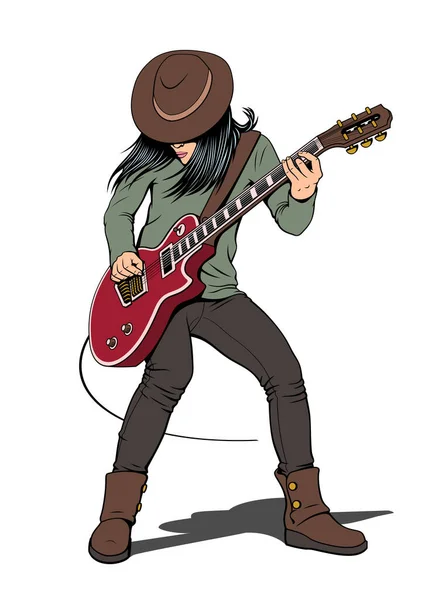 Ροκ Κιθαρίστας Κορίτσι Καπέλο Που Παίζει Ηλεκτρική Κιθάρα Pin Στυλ — Διανυσματικό Αρχείο