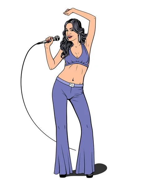 Disco Diva Pop Singer Girl Mikrofonem Pin Styl Pop Art — Stockový vektor